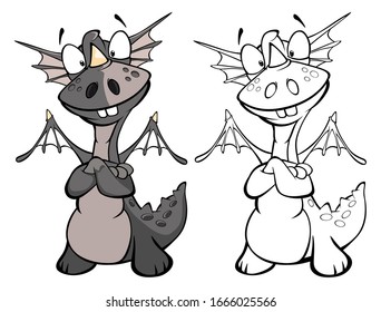 Vector Illustration of a Cute Cartoon Character Dragon for you Design and Computer Game. Coloring Book Outline Set 