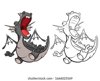 Vector Illustration of a Cute Cartoon Character Dragon for you Design and Computer Game. Coloring Book Outline Set 