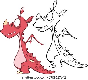 Vector Illustration of a Cute Cartoon Character Dragon for you Design and Computer Game. Coloring Book Outline Set 