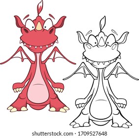 Vector Illustration of a Cute Cartoon Character Dragon for you Design and Computer Game. Coloring Book Outline Set 