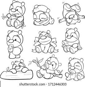 Ilustración vectorial de un Panda de caricaturas para su diseño y juego de ordenador. Conjunto de esquema del libro de coloreado 