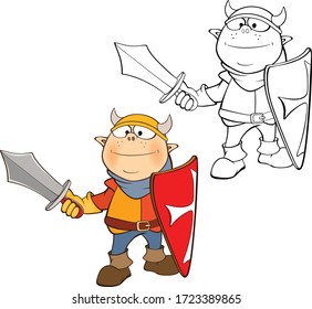Vector Illustration of a Cute Cartoon Character  Knight for you Design and Computer Game. Coloring Book Outline Set 