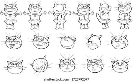 Vector Illustration of a Cute Cartoon Character Cat for you Design and Computer Game. Coloring Book Outline Set 