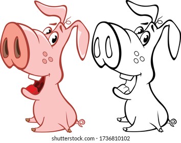 Vector Illustration of a Cute Cartoon Character Pig for you Design and Computer Game. Coloring Book Outline Set 