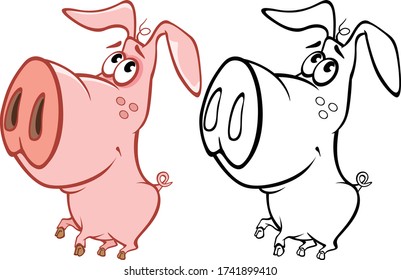 Vector Illustration of a Cute Cartoon Character Pig for you Design and Computer Game. Coloring Book Outline Set 