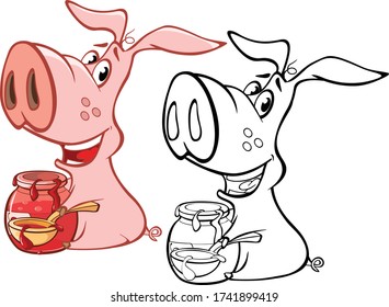 Vector Illustration of a Cute Cartoon Character Pig for you Design and Computer Game. Coloring Book Outline Set 