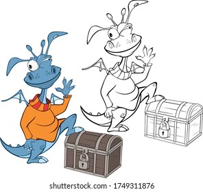 Vector Illustration of a Cute Cartoon Character Dragon for you Design and Computer Game. Coloring Book Outline Set 