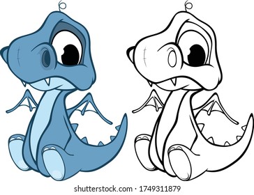 Vector Illustration of a Cute Cartoon Character Dragon for you Design and Computer Game. Coloring Book Outline Set 