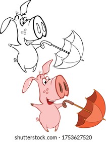 Vector Illustration of a Cute Cartoon Character Pig for you Design and Computer Game. Coloring Book Outline Set 