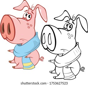 Vector Illustration of a Cute Cartoon Character Pig for you Design and Computer Game. Coloring Book Outline Set 