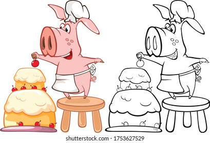 Vector Illustration of a Cute Cartoon Character Pig for you Design and Computer Game. Coloring Book Outline Set 
