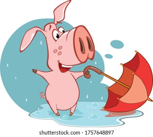 Vector Illustration of a Cute Cartoon Character Pig and Umbrella
