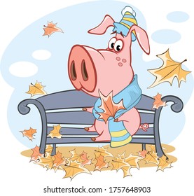 Vector Illustration of a Cute Cartoon Character Pig and Autumn