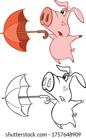 Vector Illustration of a Cute Cartoon Character Pig for you Design and Computer Game. Coloring Book Outline Set 