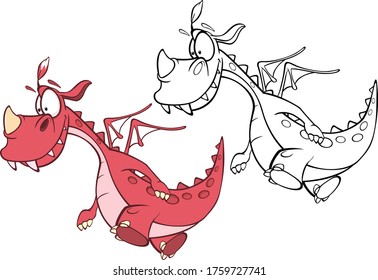 Vector Illustration of a Cute Cartoon Character Dragon for you Design and Computer Game. Coloring Book Outline Set