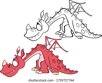 Vector Illustration of a Cute Cartoon Character Dragon for you Design and Computer Game. Coloring Book Outline Set