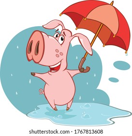 Vector Illustration of a Cute Cartoon Character Pig and Umbrella