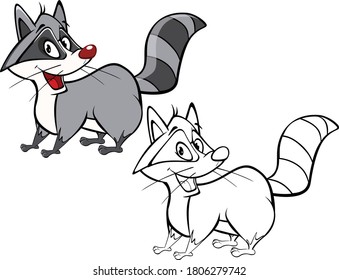 Vector Illustration of a Cute Cartoon Character Raccoon  for you Design and Computer Game. Coloring Book Outline Set 