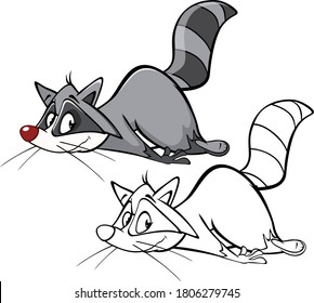 Vector Illustration of a Cute Cartoon Character Raccoon  for you Design and Computer Game. Coloring Book Outline Set 