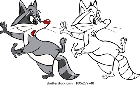 Vector Illustration of a Cute Cartoon Character Raccoon  for you Design and Computer Game. Coloring Book Outline Set 