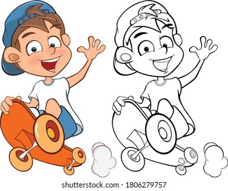 Vector Illustration of a Cute Cartoon Character Boy Skateboarder  for you Design and Computer Game. Coloring Book Outline Set Skateboarding