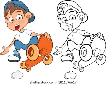 Vector Illustration of a Cute Cartoon Character Boy Skateboarder  for you Design and Computer Game. Coloring Book Outline Set Skateboarding