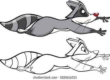 Vector Illustration of a Cute Cartoon Character Raccoon  for you Design and Computer Game. Coloring Book Outline Set 