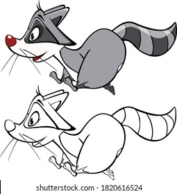 Vector Illustration of a Cute Cartoon Character Raccoon  for you Design and Computer Game. Coloring Book Outline Set 