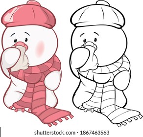 Vector Illustration of a Cute Cartoon Character  Snowman  for you Design and Computer Game. Coloring Book Outline Set 