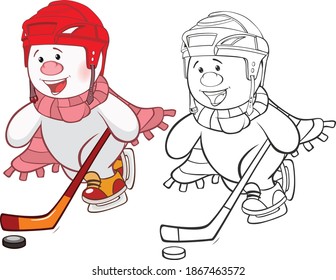 Vector Illustration of a Cute Cartoon Character  Snowman  for you Design and Computer Game. Coloring Book Outline Set 