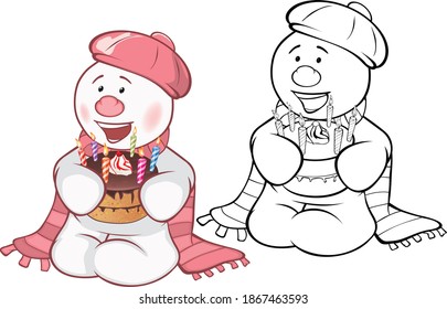 Vector Illustration of a Cute Cartoon Character  Snowman  for you Design and Computer Game. Coloring Book Outline Set 