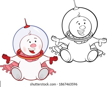 Vector Illustration of a Cute Cartoon Character  Snowman  for you Design and Computer Game. Coloring Book Outline Set 