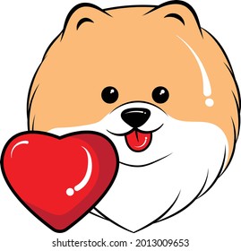 Vector illustration of Cute cartoon character Pomeranian dog puppy with heart, isolated on white background.
