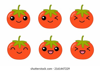 Vektorgrafik von süßem Cartoon-Charakter Tomate-Cartoon-Charakter einzeln auf weißem Hintergrund. Fruchtkartoon mit kawai lächelnd Emoji gesetzt.