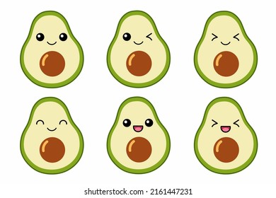 Vector illustration of cute cartoon character half avocado cartoon character isolated on white background. Fruit cartoon set with kawai smiling emoji.