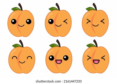 Vektorgrafik von süßem Cartoon-Charakter Aprikose-Cartoon-Charakter einzeln auf weißem Hintergrund. Fruchtkartoon mit kawai lächelnd Emoji gesetzt.