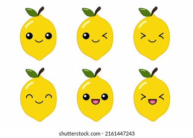 Vector illustration of cute cartoon character lemon cartoon character isolated on white background. Fruit cartoon set with kawai smiling emoji.