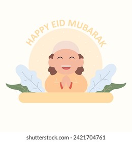 vector illustration of cute cartoon character with simple leaves concept of happy eid