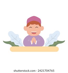 vector illustration of cute cartoon character with simple leaves concept of happy eid