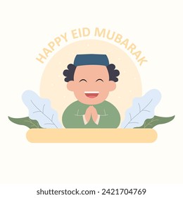 vector illustration of cute cartoon character with simple leaves concept of happy eid