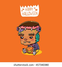 Vector Illustration of Cute Cartoon Character Frankenstein for Halloween Greeting Card
