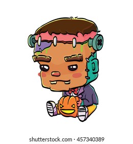 Vector Illustration of Cute Cartoon Character Frankenstein with Jack O' Lantern

