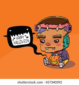 Vector Illustration of Cute Cartoon Character Frankenstein for Halloween Greeting Card

