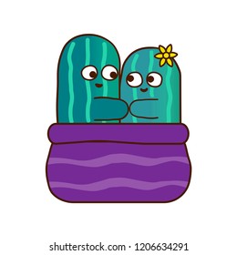 Vector illustration with cute cartoon characters of cactuses fall in love. Print for textile, t-shirts, note books. Colorful image for Valentines Day or wedding card invitation