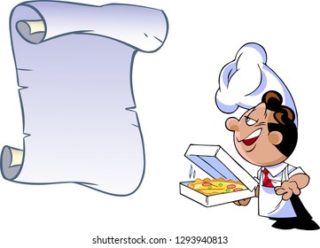 Vector illustration of a cute cartoon chef, selling pizza. There is a place for the menu, text block.