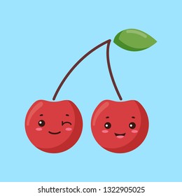 Vector illustration of cute cartoon cherries with kawaii face on blue background. It can be used for sticker, patch, phone case, poster, t-shirt, mug and other design.
