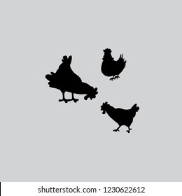 Vector illustration of cute cartoon chicken silhouette on gray background.