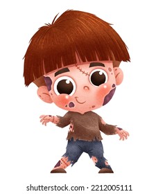 Vector illustration of cute cartoon children. Happy Halloween. Zombie costume.