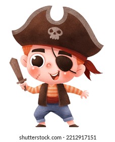 Vector illustration of cute cartoon children. Happy Halloween. Pirate costume.