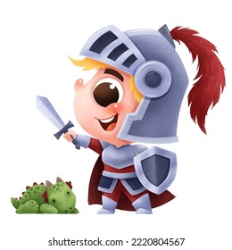 Vector illustration of cute cartoon children. Knight child costume.